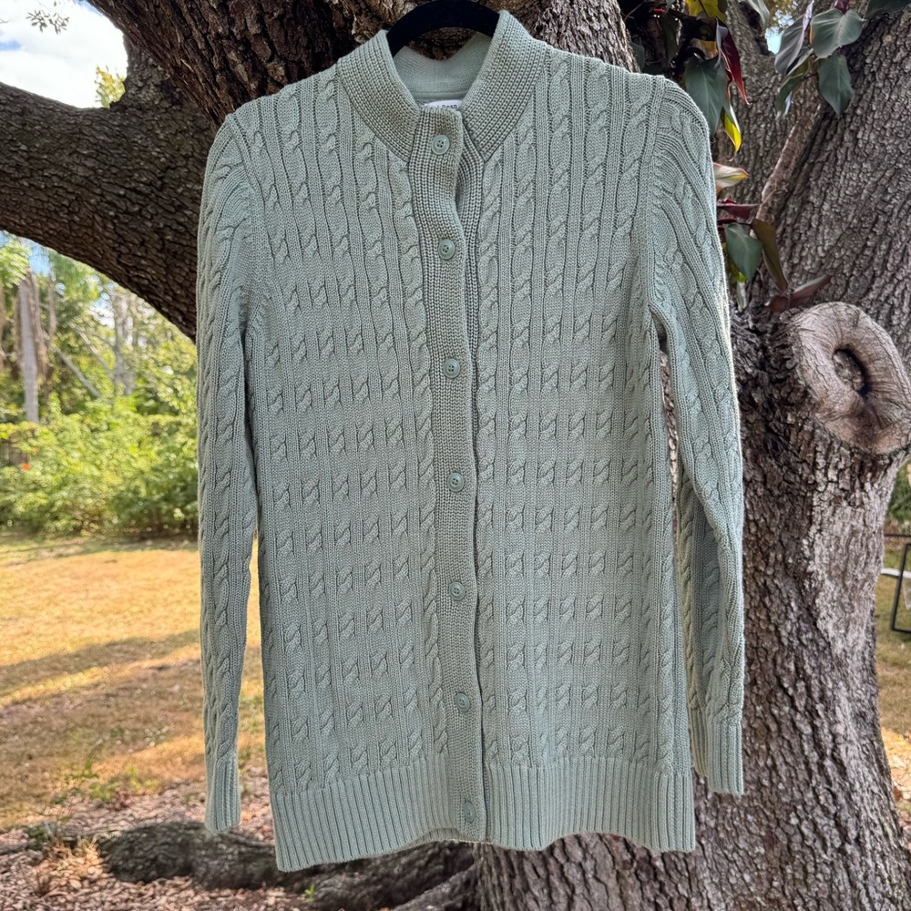 LL Bean- Sage green cable knit button up preppy cardigan.100% cozy cotton.Size S